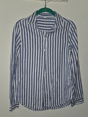 SHEIN Blue and White Vertical Stripe Button Front Blouse